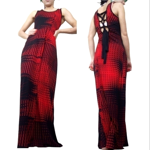 Vintage Women's Medium Corset Back Maxi Dress Black Red Ombre - Picture 1 of 7